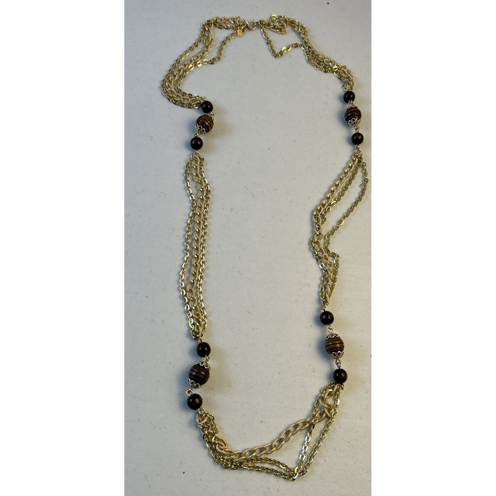 Vintage Emmons Long‎ Multi-strand Brown Bead  Necklace Gold Tone